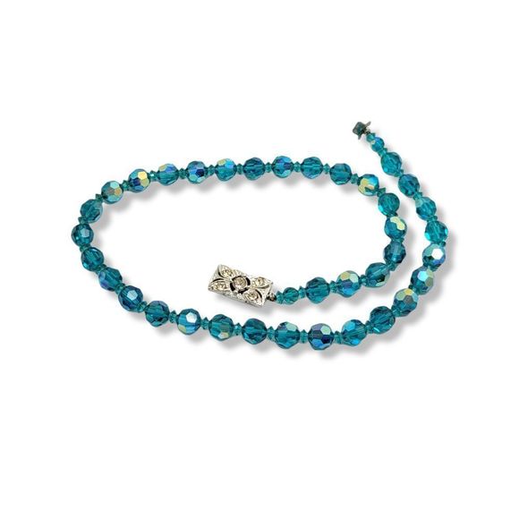 Vintage Czech Facet Crystal Cyan Iridescent bead Round white crystal Strand 18" - Picture 2 of 5